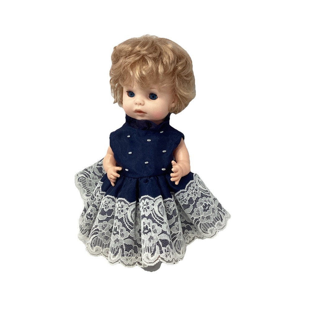 Eegee Doll 15-4  Sleepy  Blue Eyes Blue Party Dress Rooted Blonde Hair Vtg 15"